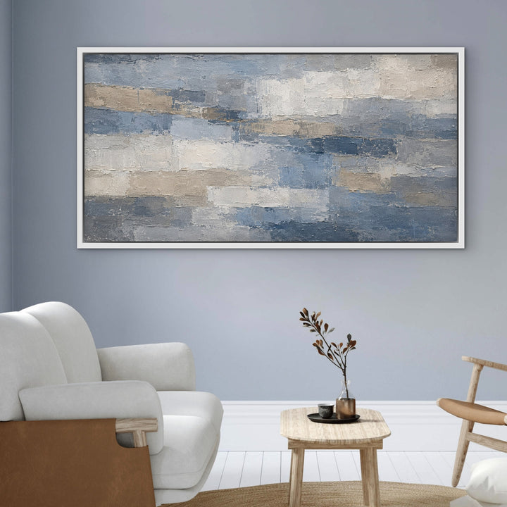 Denim Quarry blue grey panoramic abstract framed canvas on a powder blue wall