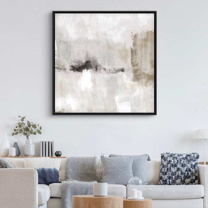 Modern Abstract Art Styled With A Black Frame, White Sofa, Gray Throws And Pillows, Round Wood Coffee Tables, And Minimal Vases. Perfect For A Living Room
