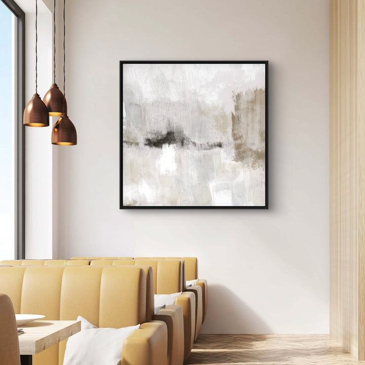 Modern Abstract Art Styled With Tan Leather Booth Seating, Copper Pendant Lights, Light Wood Table, And Slatted Wood Wall. Perfect For A Café or Restaurant