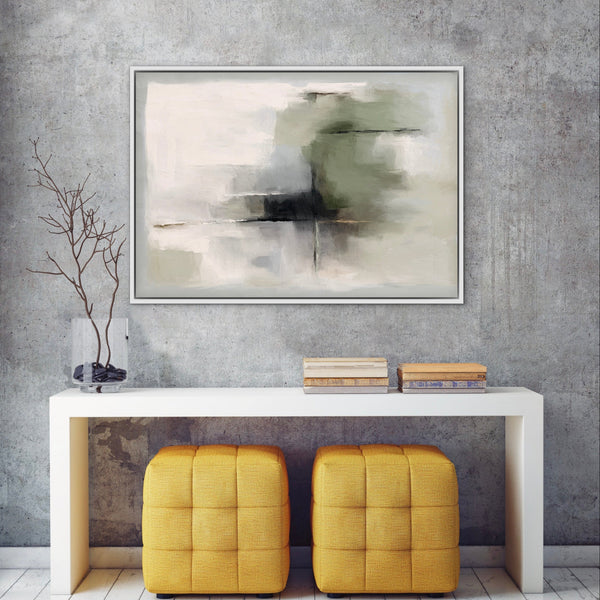 Modern Abstract Wall Art Styled With White Console Table, Mustard Tufted Ottomans, Stacked Books, And A Glass Vase With Bare Branches. Perfect For An Industrial Entryway or Loft Hallway