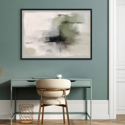 Modern Abstract Wall Art Styled With A Light Green Desk, Cream Chair With Brass Accents, And Wood Floors. Perfect For A Home Office