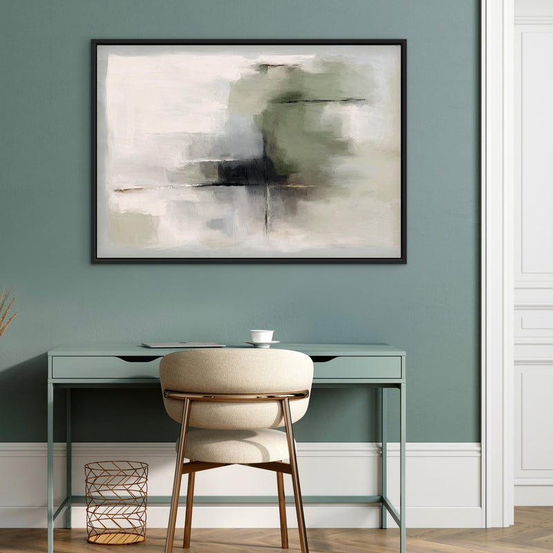 Modern Abstract Wall Art Styled With A Light Green Desk, Cream Chair With Brass Accents, And Wood Floors. Perfect For A Home Office