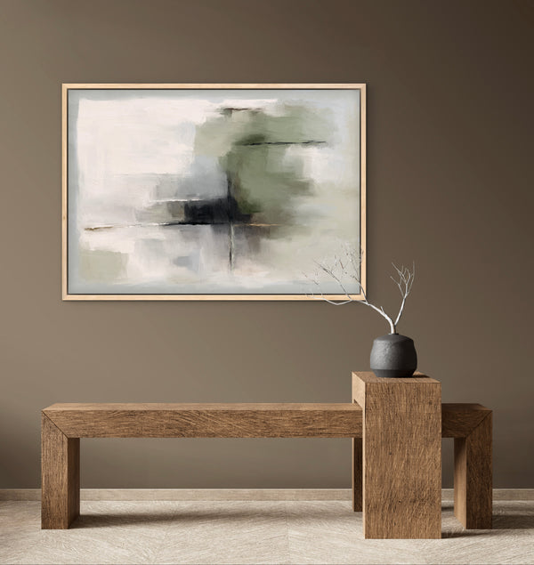 Modern Abstract Wall Art Styled With A Sienna-Brown Wall, Sculptural Solid-Wood Bench, Pedestal Table, And Charcoal Vase With Bare Branches. Perfect For A Contemporary Entryway or Hallway