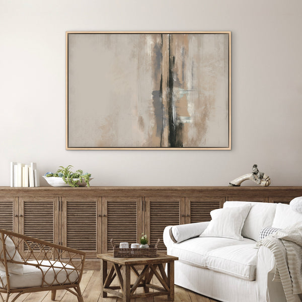Abstract Wall Art Styled With A Rustic Slatted Wood Sideboard, White Slipcovered Sofa, Rattan Armchair, Woven Tray Coffee Table, And Ceramic Accent. Perfect For A Coastal-Modern Living Room or Neutral Lounge