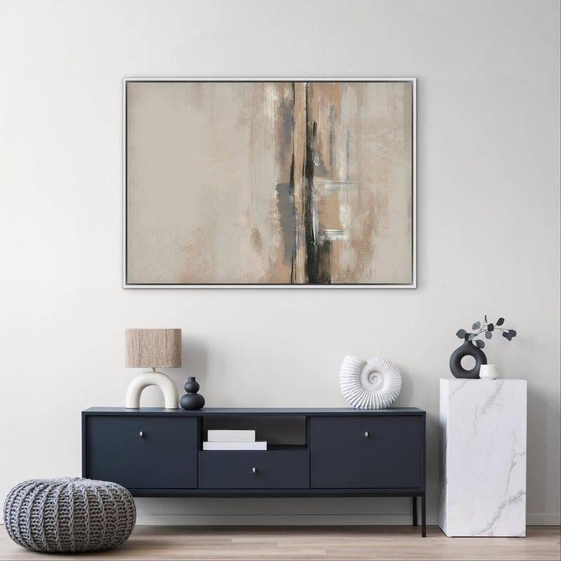 Abstract Wall Art Styled With A Deep Navy Console, Knit Pouf, Arched Ceramic Lamp, White Nautilus Sculpture, And Marble Pedestal With Eucalyptus. Perfect For A Contemporary Entryway Or Minimalist Hallway.