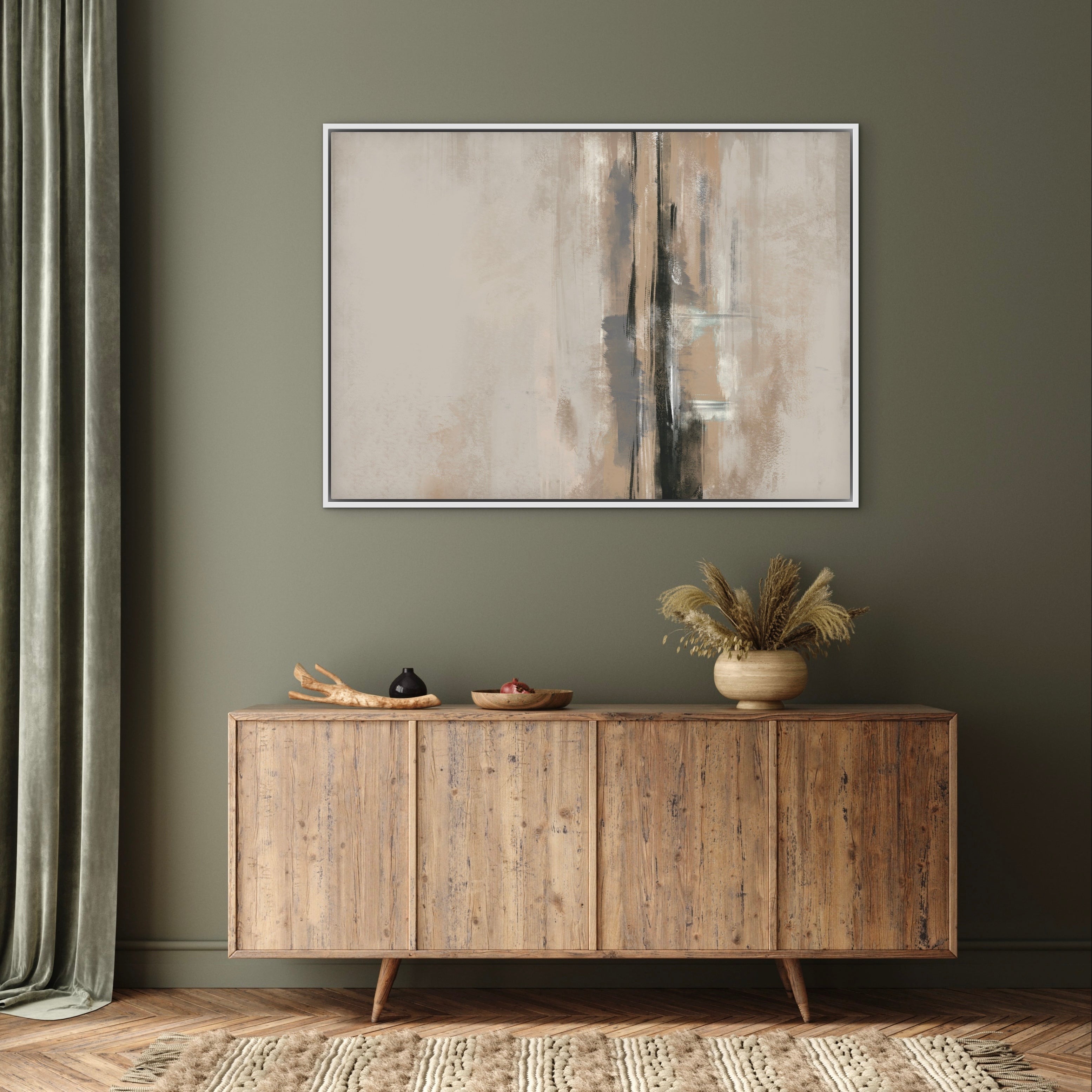 Abstract Wall Art Styled With An Olive-Green Wall, Rustic Wood Sideboard, Wooden Bowls, And A Neutral Vase With Dried Stems. Perfect For A Cozy Entryway Or Earthy Living Space.