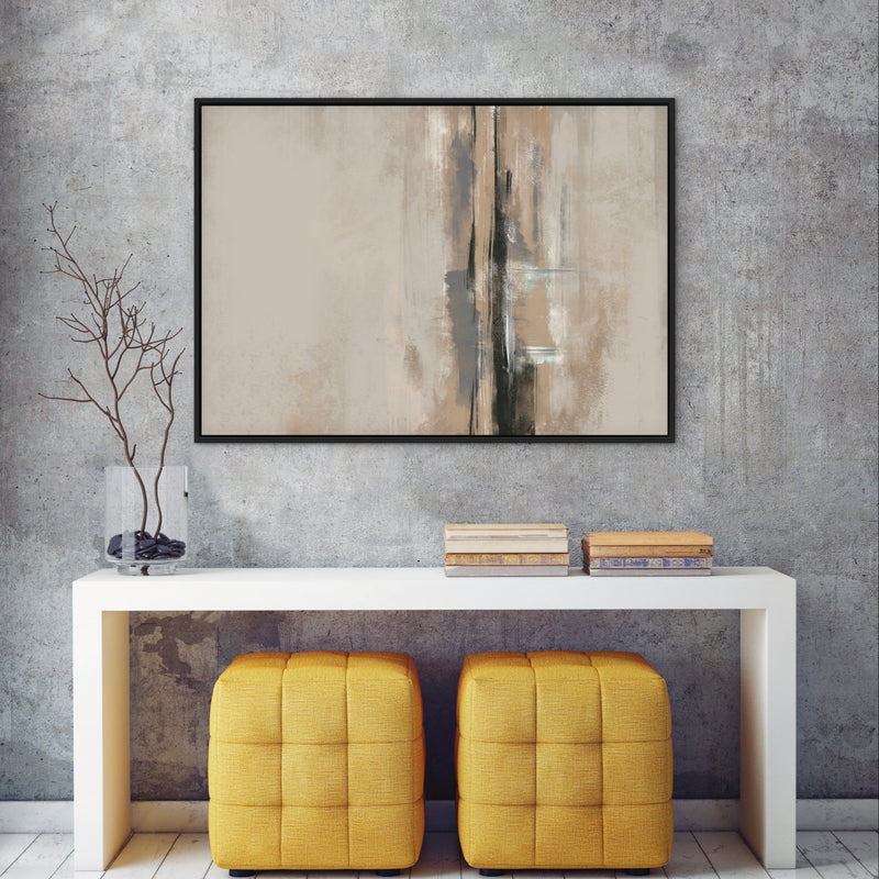 Abstract Wall Art Styled With A Black Frame, White Console Table, Mustard Tufted Ottomans, Stacked Books, And A Glass Vase With Bare Branches. Perfect For An Industrial Entryway or Loft Hallway