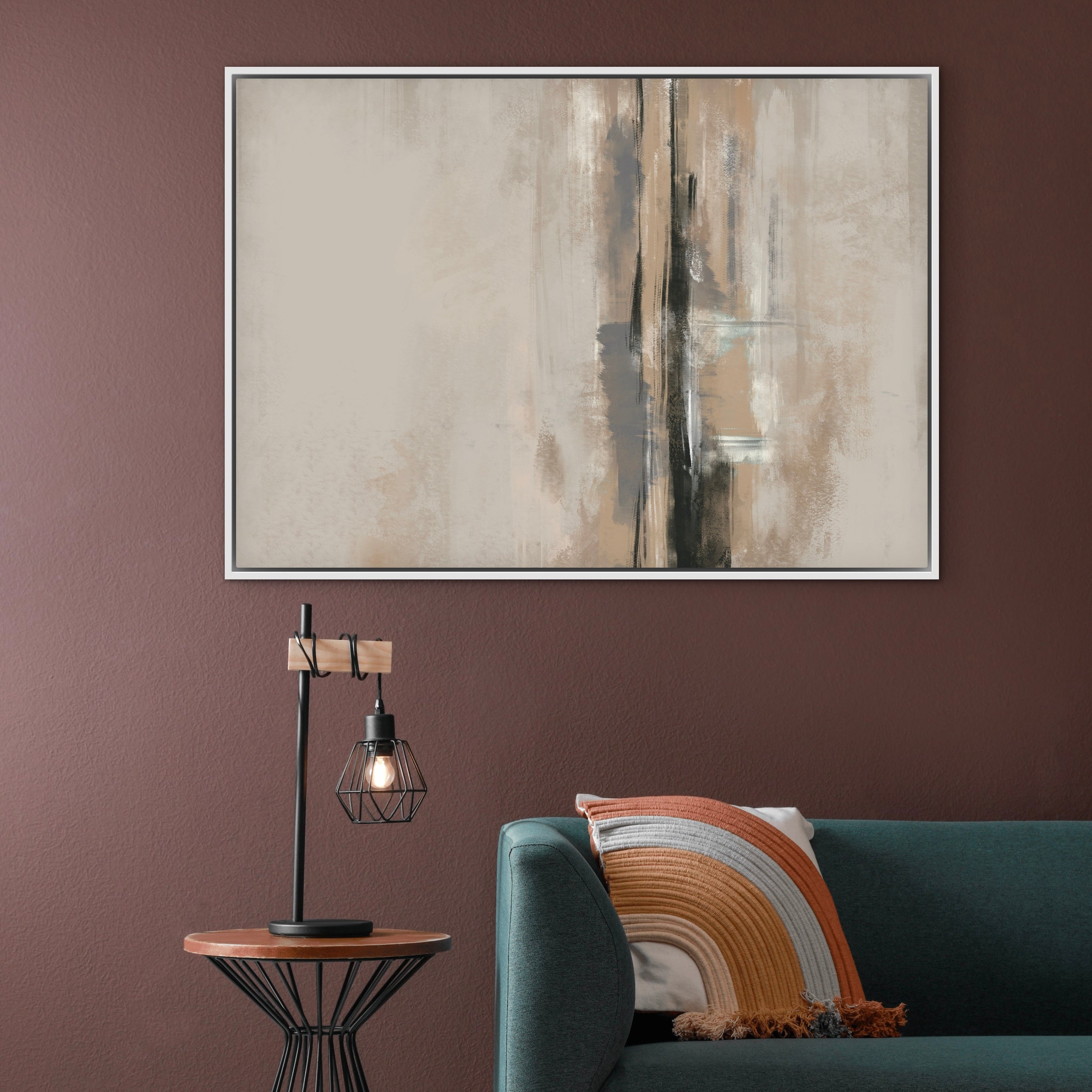 Abstract Wall Art Styled With A Deep Burgundy Wall, Wire-Cage Table Lamp, Round Wood-And-Metal Side Table, And Teal Sofa With A Terracotta Rainbow Pillow. Perfect For A Cozy Living Room