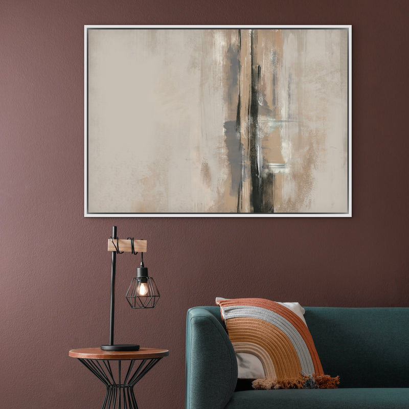 Abstract Wall Art Styled With A Deep Burgundy Wall, Wire-Cage Table Lamp, Round Wood-And-Metal Side Table, And Teal Sofa With A Terracotta Rainbow Pillow. Perfect For A Cozy Living Room