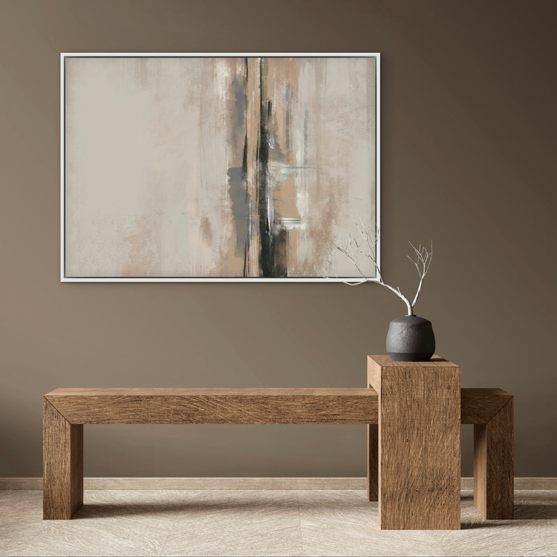 Abstract Wall Art Styled With A Sienna-Brown Wall, Sculptural Solid-Wood Bench, Pedestal Table, And Charcoal Vase With Bare Branches. Perfect For A Contemporary Entryway or Hallway