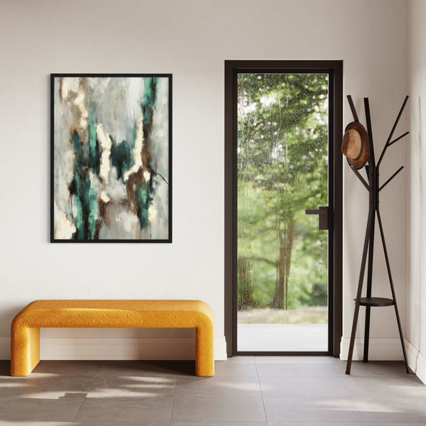 Modern Abstract Wall Art Styled With A Bright Yellow Bench, Black-Framed Glass Door, Minimal Coat Rack With Hat, And Neutral Floor Tiles. Perfect For An Entryway Or Contemporary Hallway.