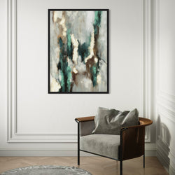 Modern Abstract Wall Art Styled With White Paneled Walls, Black Frame, Modern Lounge Chair With Woven Arms, Herringbone Wood Floors, And A Round Neutral Rug. Perfect For A Hallway Corner.