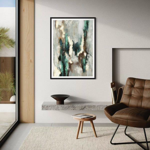 Modern Abstract Wall Art Styled With A Brown Leather Lounge Chair, Floating Stone Shelf, Small Wood Stool And A Neutral Textured Rug. Perfect For A Contemporary Living Room