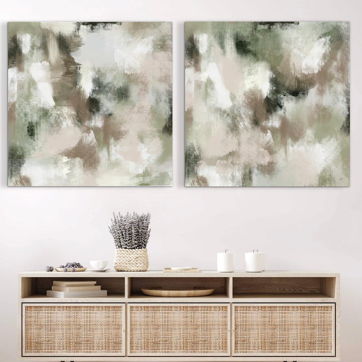 Modern Elegant Abstract Wall Art Styled With A Natural Wood Console, Woven Baskets, And Soft Neutral Decor. Perfect For A Modern Minimalist Entryway.