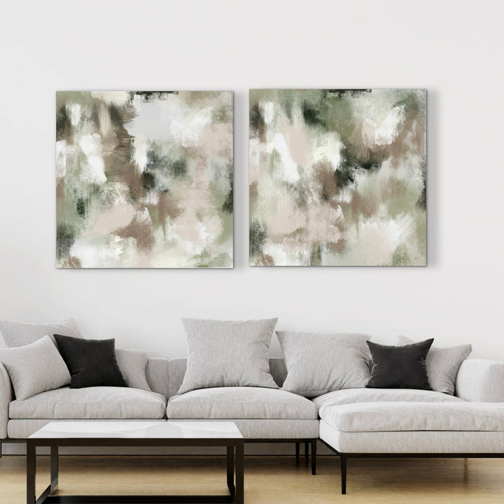 Modern Elegant Abstract Wall Art Styled With A Light Gray Sectional Sofa, Black Accent Pillows, And A Minimalist Marble Coffee Table. Perfect For A Modern Living Room.