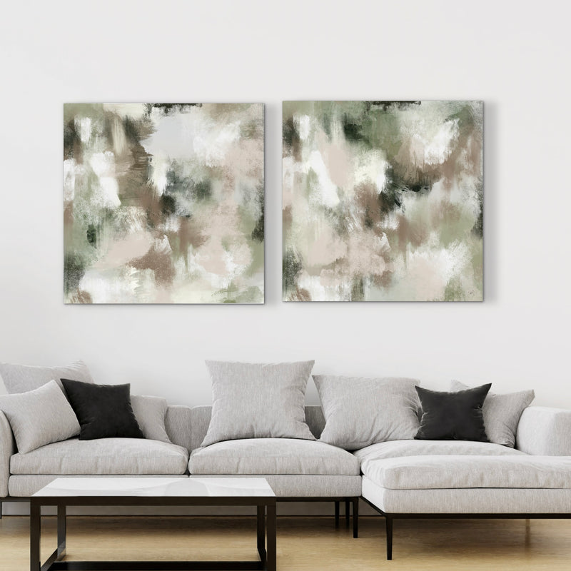 Modern Elegant Abstract Wall Art Styled With A Light Gray Sectional Sofa, Black Accent Pillows, And A Minimalist Marble Coffee Table. Perfect For A Modern Living Room.