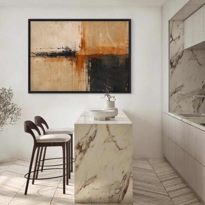 Ember Divide framed abstract canvas in a modern kitchen