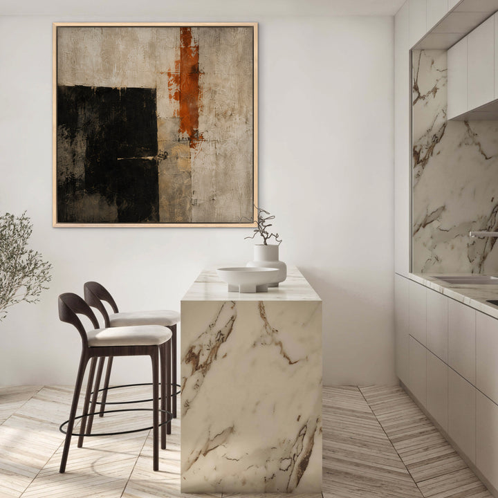 Foundry Veil abstract canvas in a modern marble kitchen