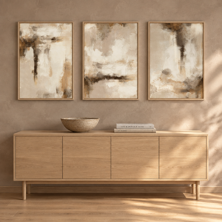 Calm Serenity set of three framed canvases in natural oak frames above a pale oak sideboard
