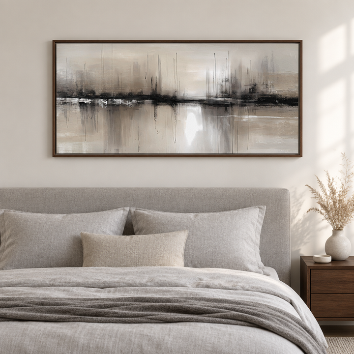 Dusk Line panoramic abstract framed canvas in a brown wooden frame above a grey linen bed