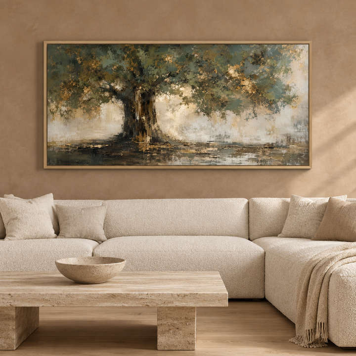 Gilded Canopy green and gold panoramic framed canvas in a natural oak frame above a cream corner sofa