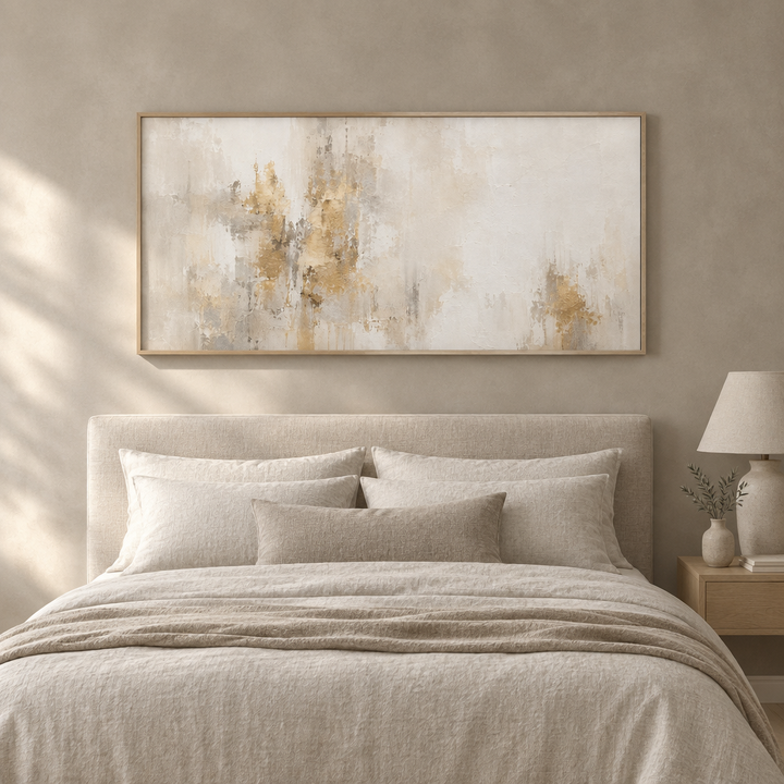 Gilded Silence ivory panoramic framed canvas in a natural oak frame above a linen bed