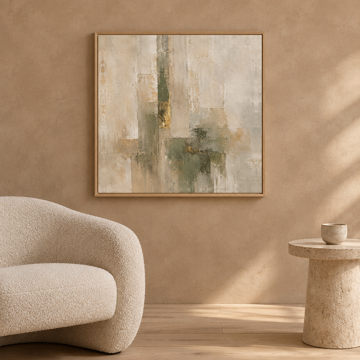 Olive and Gold square framed canvas in a natural oak frame beside a cream boucle armchair