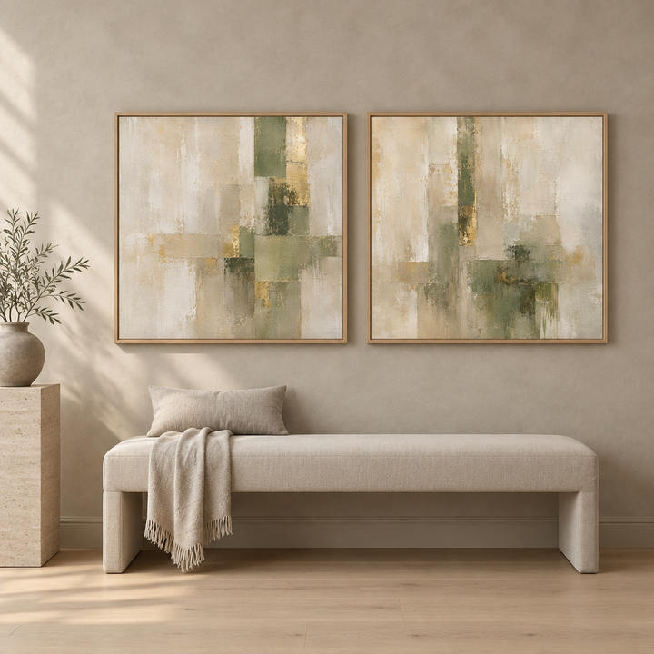 Olive and Gold set of two square framed canvases in natural oak frames above a linen bench