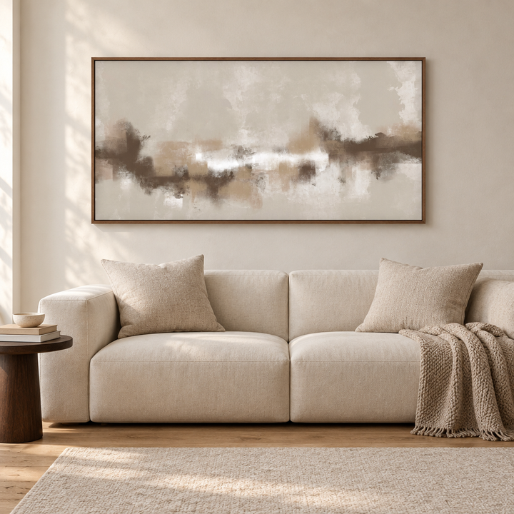 Sorrento panoramic abstract framed canvas in a brown wooden frame above a cream linen sofa