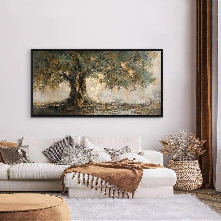 Gilded Canopy green and gold panoramic wall art above a white corner sofa