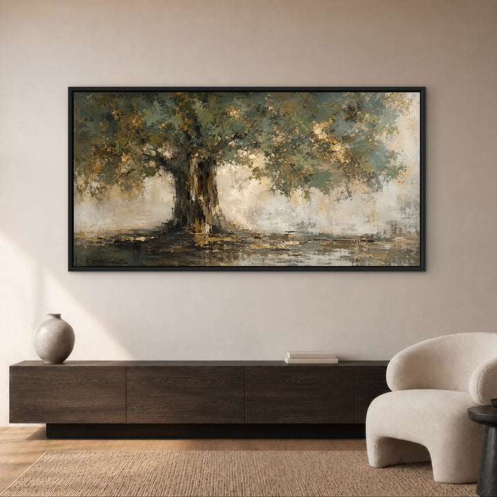 Gilded Canopy luxury panoramic framed canvas above a dark wood sideboard