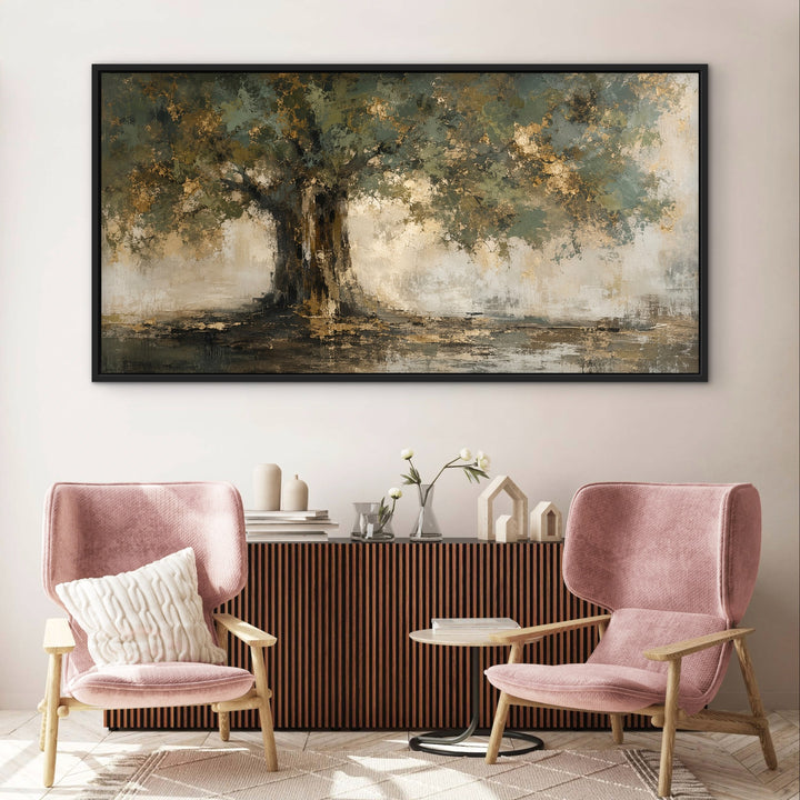 Gilded Canopy panoramic abstract framed art above two blush pink chairs