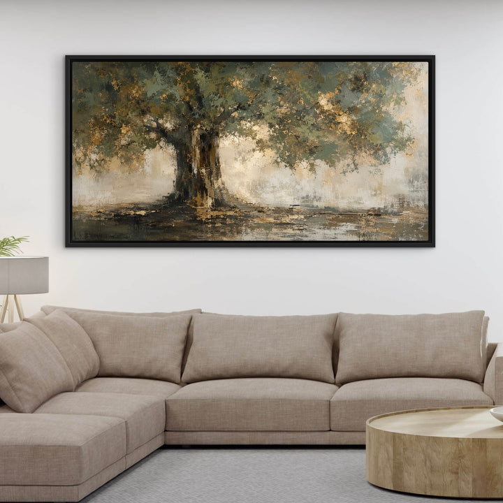 Gilded Canopy extra large panoramic framed canvas above a contemporary sectional sofa