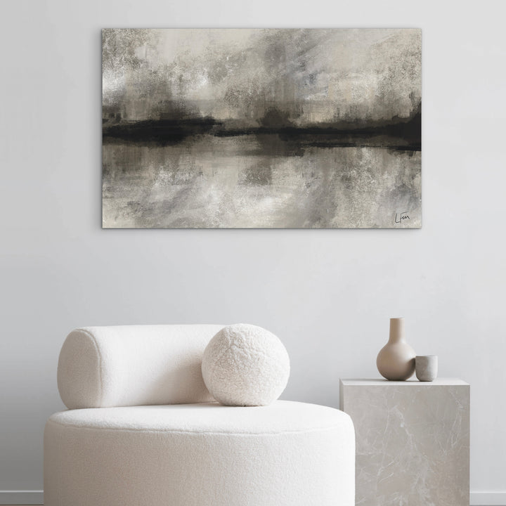 Modern Abstract Art Home decor Styled With A Cream Bouclé Accent Chair And Minimal Ceramic Vases. Perfect For A Modern Minimalist Living Room.