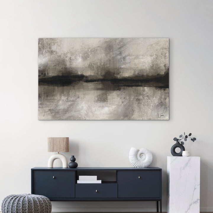 Modern Abstract Art Home decor Styled With A Navy Console Table, Textured Lamp, And Minimal Sculptural Decor. Perfect For A Modern Minimalist Living Room.