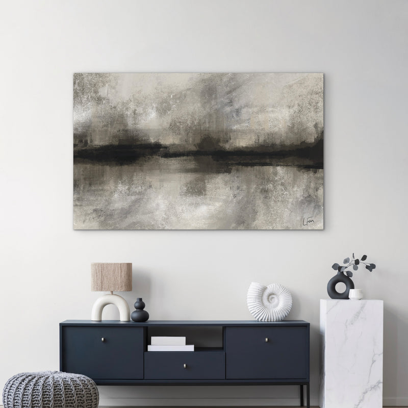 Modern Abstract Art Home decor Styled With A Navy Console Table, Textured Lamp, And Minimal Sculptural Decor. Perfect For A Modern Minimalist Living Room.