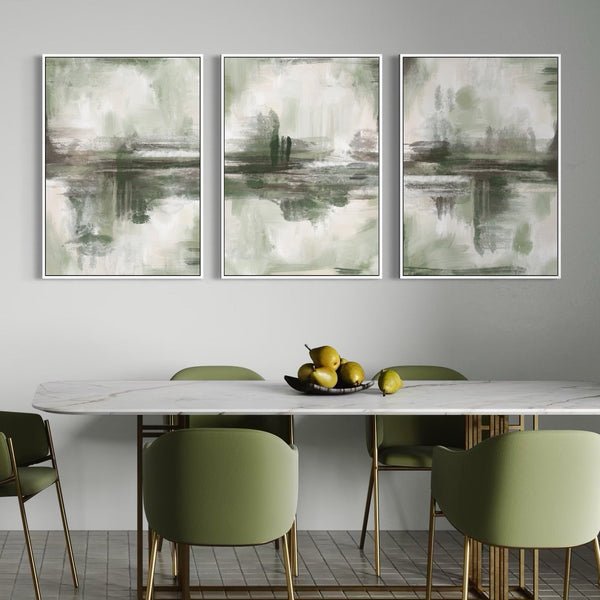 Modern Minimalist Home Decor Wall Art Styled With Sage Green Dining Chairs, A White Marble Tabletop, A Black Fruit Bowl, And Gold-Framed Legs. Perfect For A Contemporary Dining Room.
