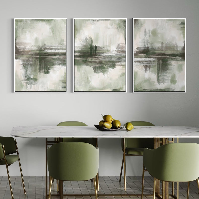 Modern Minimalist Home Decor Wall Art Styled With Sage Green Dining Chairs, A White Marble Tabletop, A Black Fruit Bowl, And Gold-Framed Legs. Perfect For A Contemporary Dining Room.