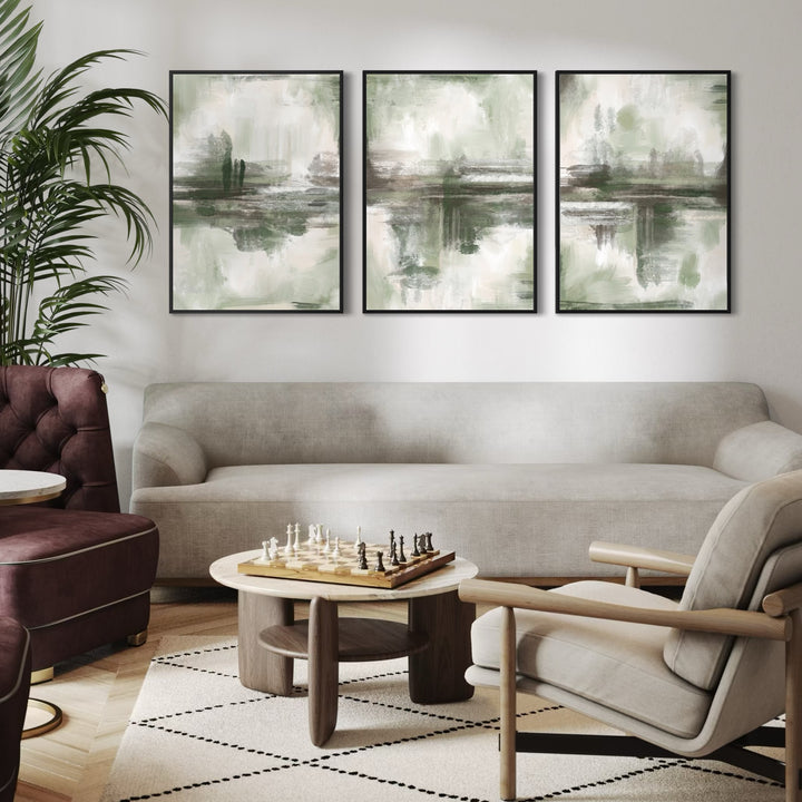 Modern Minimalist Home Decor Wall Art Styled With A Soft Beige Curved Sofa, Wood Accent Coffee Table With A Chess Set, And A Cozy Armchair. Perfect For A Modern Living Room.