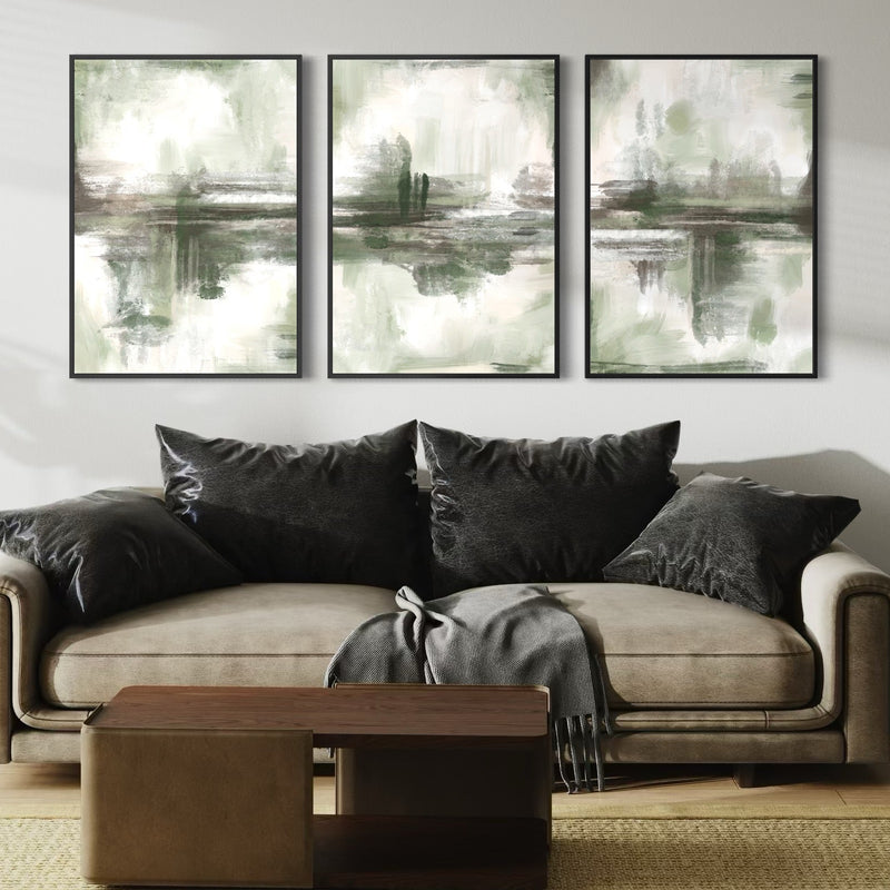 Modern Minimalist Home Decor Wall Art Styled With A Taupe Velvet Sofa, Charcoal Pillows, A Gray Throw, And A Low Wood Coffee Table. Perfect For A Cozy Contemporary Living Room.