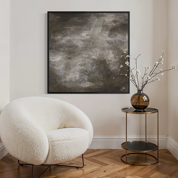 Modern Elegant Abstract Wall Art Styled With A Cream Bouclé Lounge Chair, Round Gold Side Table, And Elegant Floral Decor. Perfect For A Contemporary Living Room.