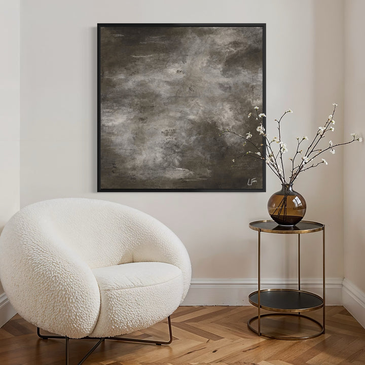 Modern Elegant Abstract Wall Art Styled With A Cream Bouclé Lounge Chair, Round Gold Side Table, And Elegant Floral Decor. Perfect For A Contemporary Living Room.