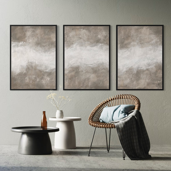 Earth-Toned Abstract Wall Art Styled With A Woven Rattan Accent Chair, Sculptural Side Tables, And Soft Neutral Decor. Perfect For A Contemporary Living Room.