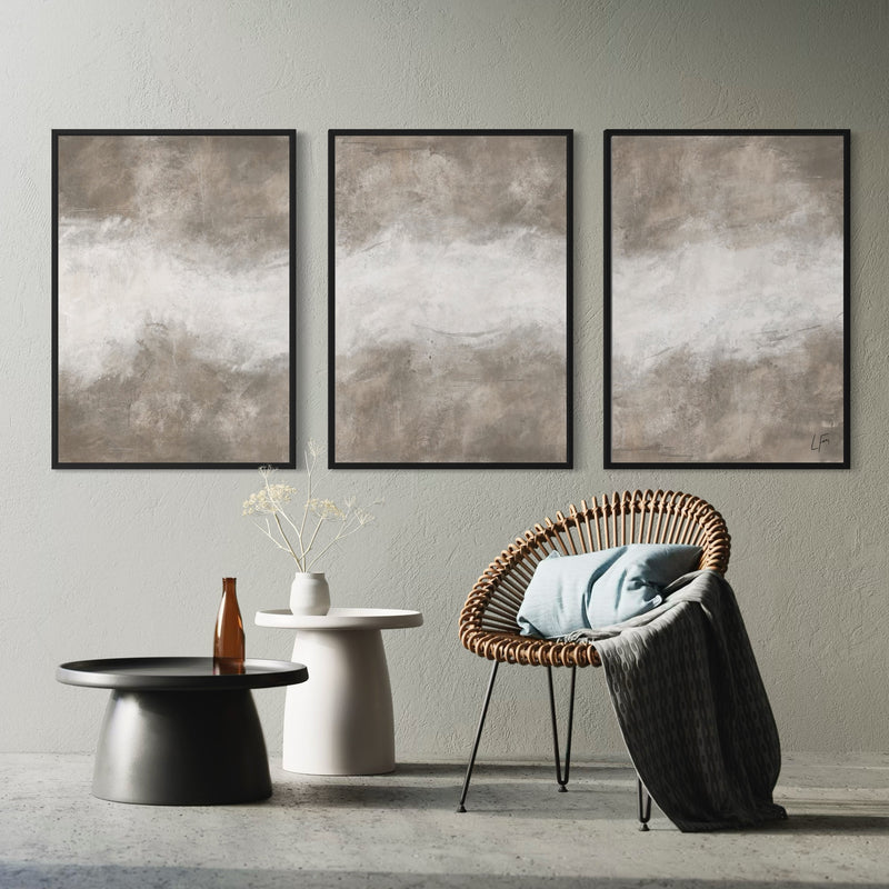 Earth-Toned Abstract Wall Art Styled With A Woven Rattan Accent Chair, Sculptural Side Tables, And Soft Neutral Decor. Perfect For A Contemporary Living Room.