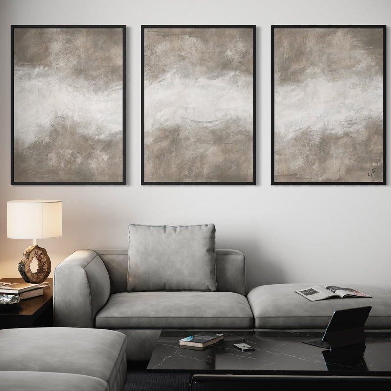 Earth-Toned Abstract Wall Art Styled With A Soft Grey Sectional Sofa, Black Marble Coffee Table, And Warm Ambient Lighting. Perfect For A Contemporary Living Room.