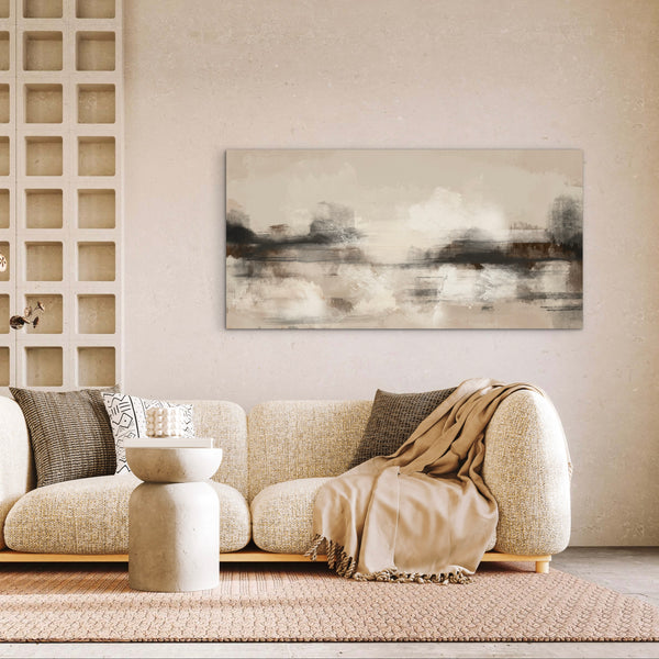 Elegant Cozy Abstract Art Canvas Wall Decor Styled With A Textured Bouclé Sofa, Neutral Throws, And Woven Accents. Perfect For A Modern Cozy Living Room.