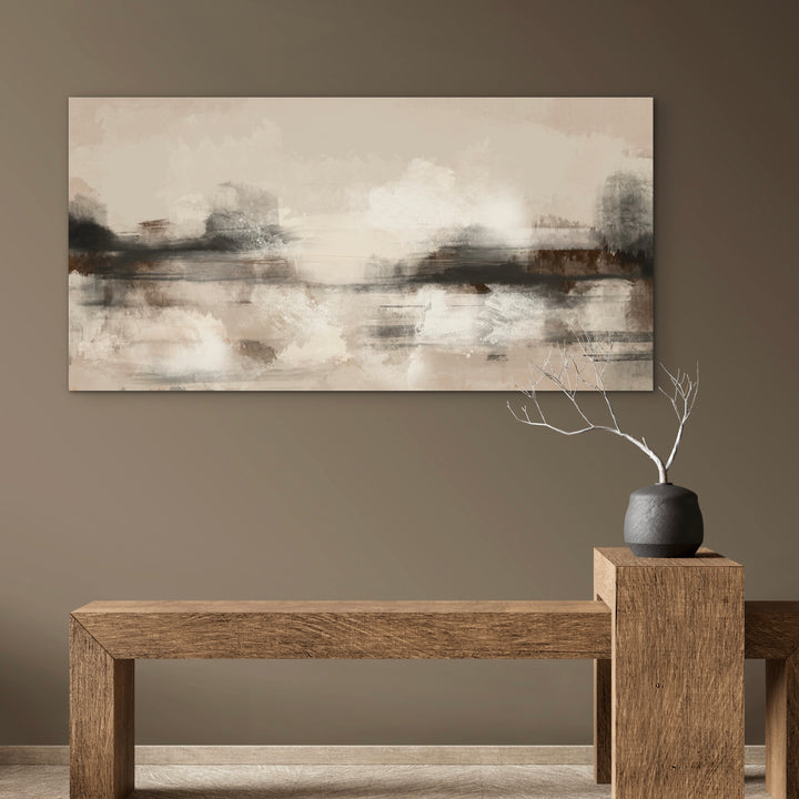 Elegant Cozy Abstract Art Canvas Wall Decor Styled With A Rustic Oak Bench And A Minimal Black Ceramic Vase. Perfect For A Modern Entryway.