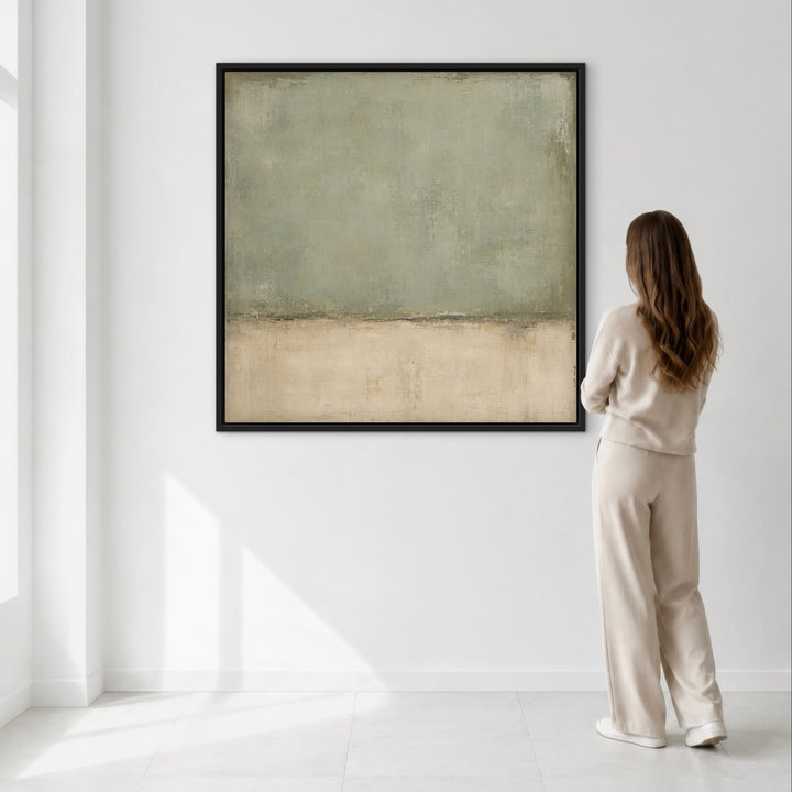 Lichen Field 100cm square wall art shown with a person for scale
