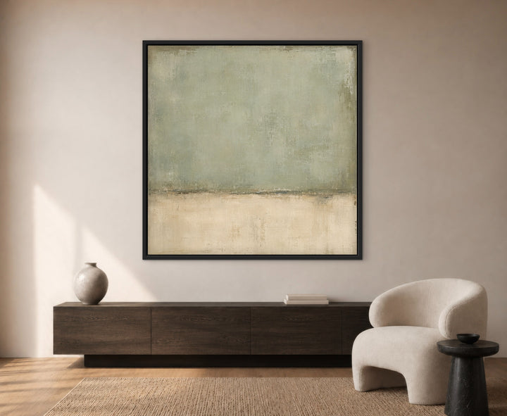 Lichen Field green and cream framed canvas in a warm contemporary interior