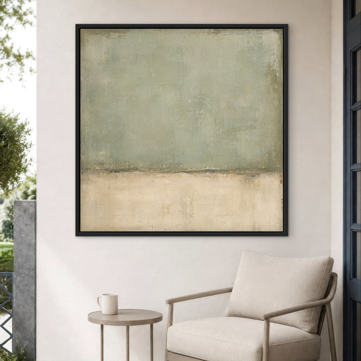 Lichen Field sage and cream canvas styled beside a neutral chair
